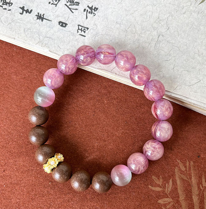 Pink Cat Eye & Sandalwood Incense Bead Bracelet Calming Aromatherapy Mood Balancing Ladies Wrist Jewelry
