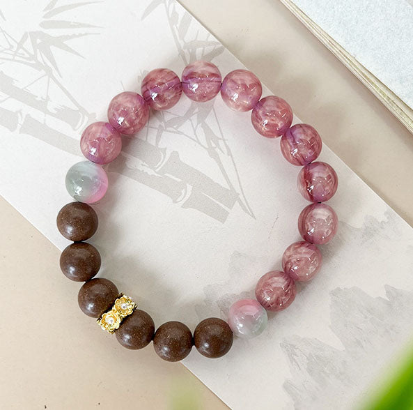 Pink Cat Eye & Sandalwood Incense Bead Bracelet Calming Aromatherapy Mood Balancing Ladies Wrist Jewelry